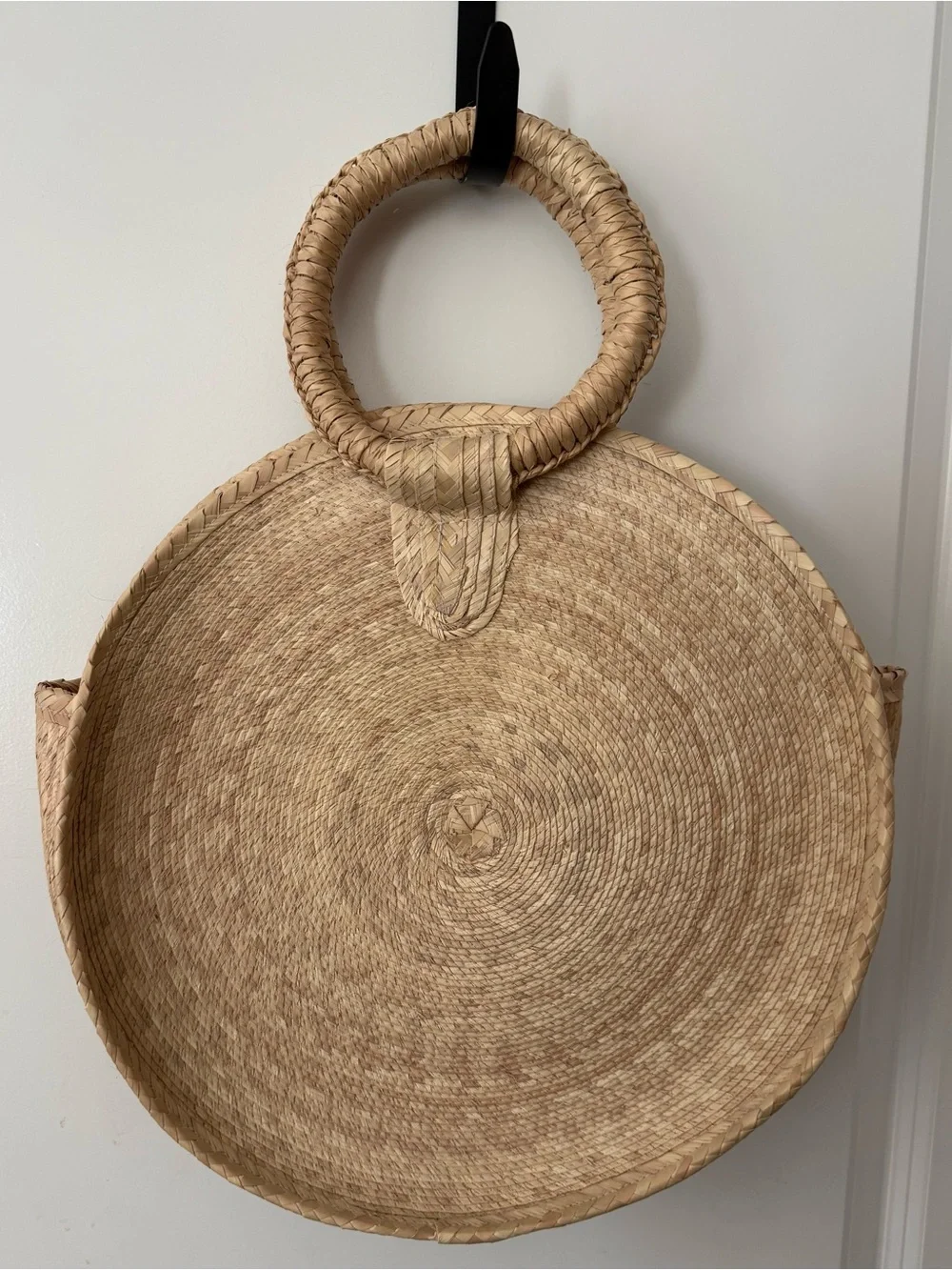 Round Straw Bag with Blue & White Tassels